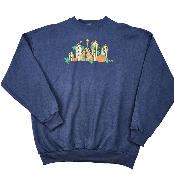 NEW Vintage Tultex Sweatshirt Women’s XL Blue Birdhouse Pumpkin Fall Cottagecore - Picture 2 of 10